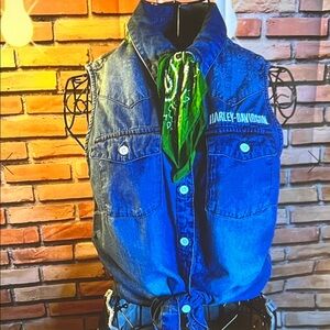 👚 Harley-Davidson Sleeveless Button-Down Denim Shirt — Blue — Sz Small / N